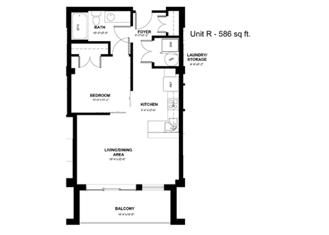Floor plan for 1 bed, 1 bath, 570 sqft